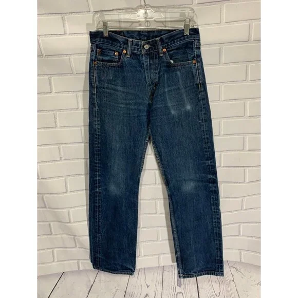 Levis 505 Jeans Mens 33x30 Blue Denim Distressed Well Loved Straight Leg Jeans - Picture 2 of 10